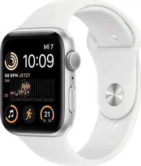 Apple Watch SE 2022 (GPS) 44mm srebrny z paskiem sportowym biały