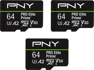 PNY Pro Elite Prime R200/W110 microSDXC 64GB, UHS-I U3, A2, Class 10, 3er-Pack