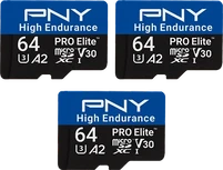 PNY Pro Elite High Endurance R100 microSDXC 64GB Kit, UHS-I U3, A2, Class 10, 3er-Pack